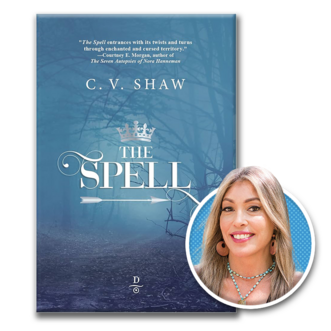 Headshot of author C.V. Shaw and a copy of her book, The Spell