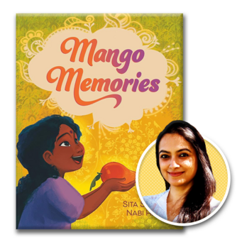 Headshot of author Sita Singh and a copy of her book, Mango Memories