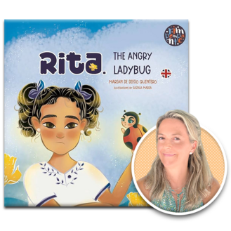 Headshot of Marian de Diego Quintero next to a copy of her book