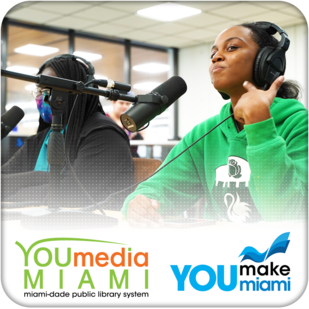 Two teens engaged in podcasting at YOUmedia Miami