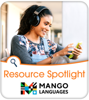 Woman smiling while learning a new language on the Mango Languages app