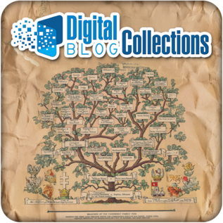 Family tree drawn on faded paper with handwritten notes and decorations