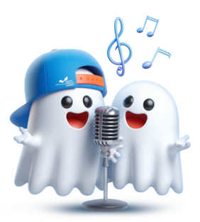 Two cartoon ghosts singing into a microphone