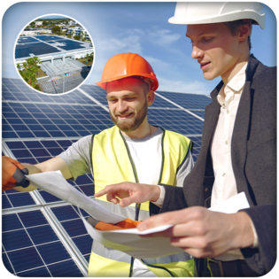 Workers examining technical drawings for a solar energy project