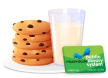 A library card placed on a plate with a glass of milk and a plate of cookies