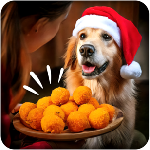 A woman offering her dog a platter of homemade pumpkin cheese ball treats