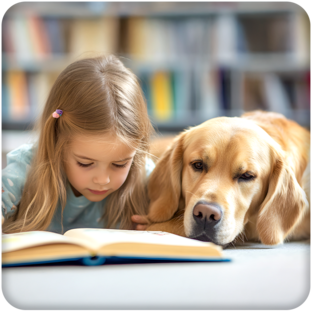 A young girl engrossed in a book while a golden retriever dog sits beside her