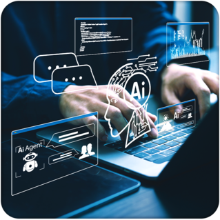 Person researching on a computer using AI-powered tools