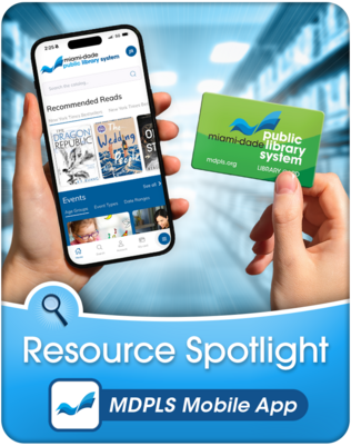 A person holds a smartphone displaying the MDPLS app in one hand and a library card in the other