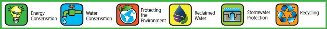 banner with graphical icons of energy conservation, recycling, and more