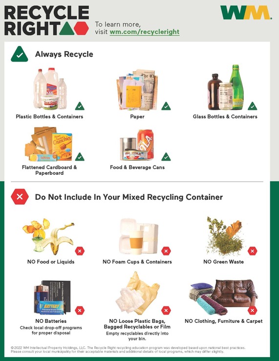 Recycle cardboard, paper, plastic bottles, aluminum cans and glass. Do not recycle plastic bags or food and liquids. 