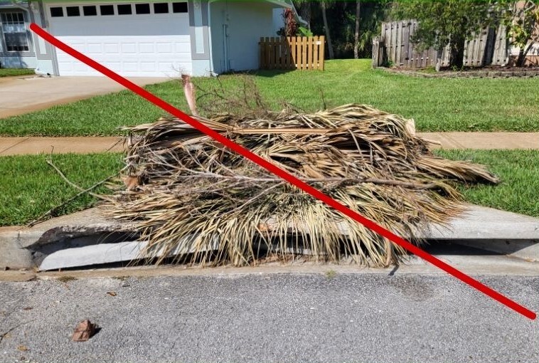 A red line marked across a photo of yard waste piled up on top of a storm drain