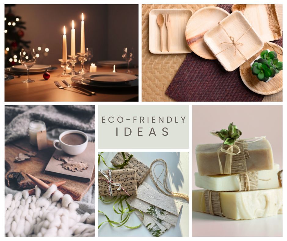 collage of eco-friendly ideas for gifts this holiday such as knitting a sweater, soap and compostable plates or ceramic plates and silverware