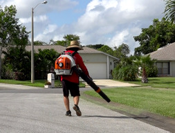 man blowing grass from street to yard 