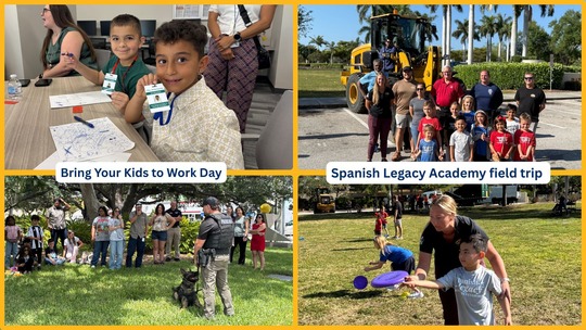 2 images from Bring Your kids to work day and 2 images of the Spanish Legacy Academy field trip