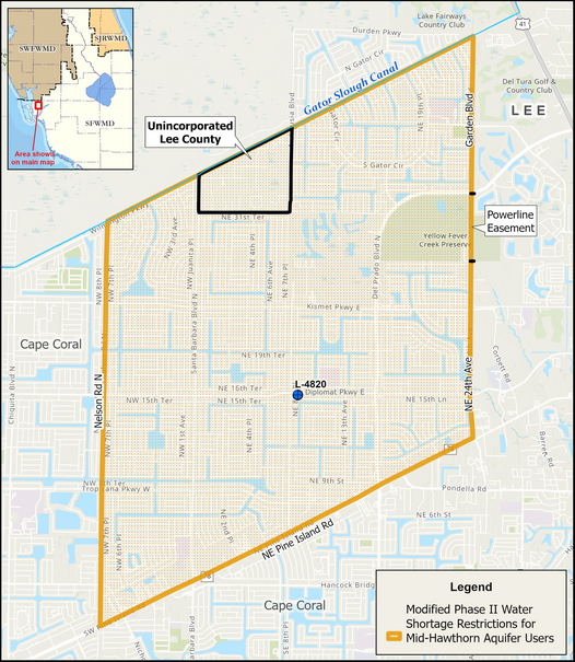 Map showing the water shortage area in Northwest Cape Coral