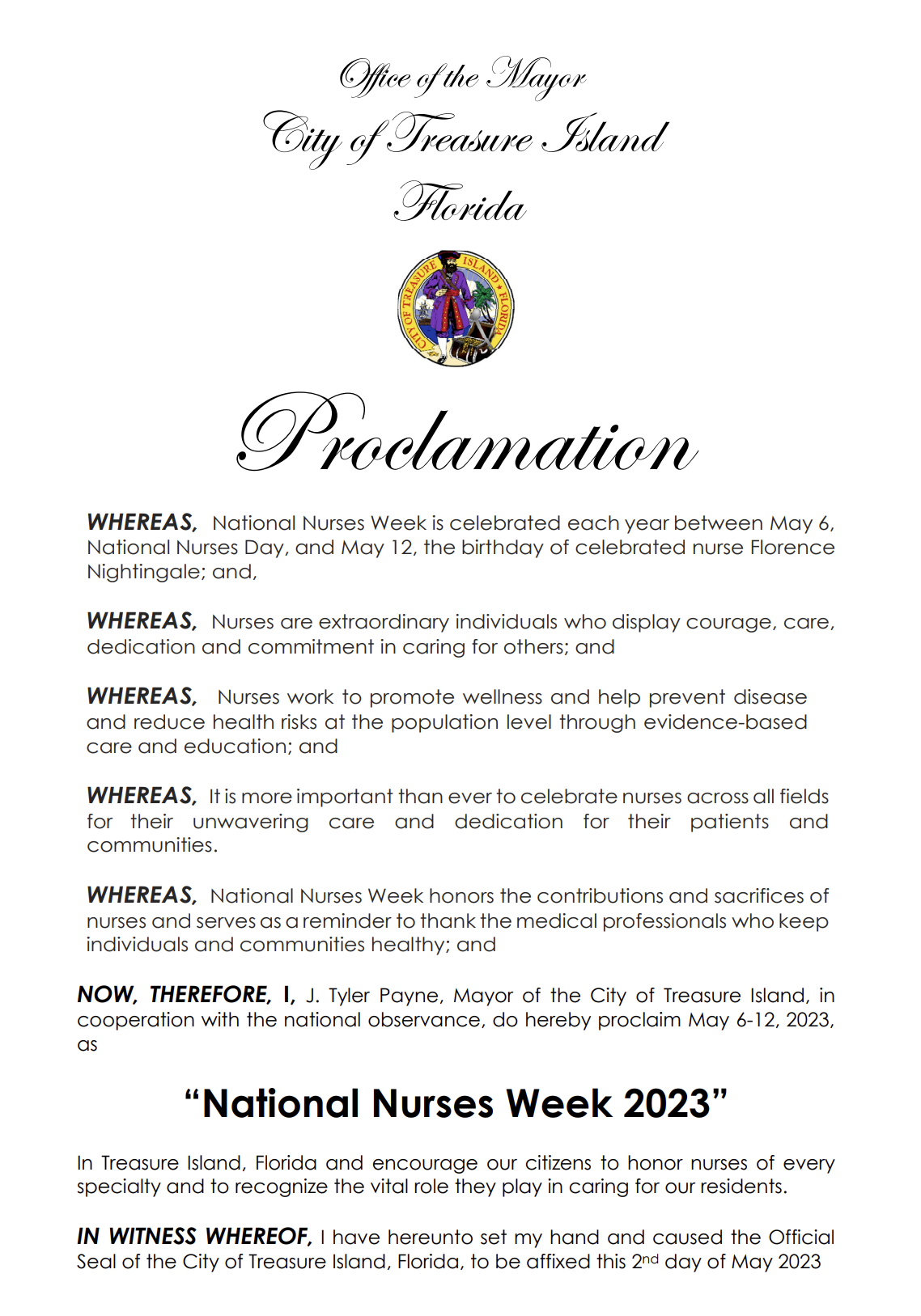 City of Treasure Island National Nurses Week Proclamation