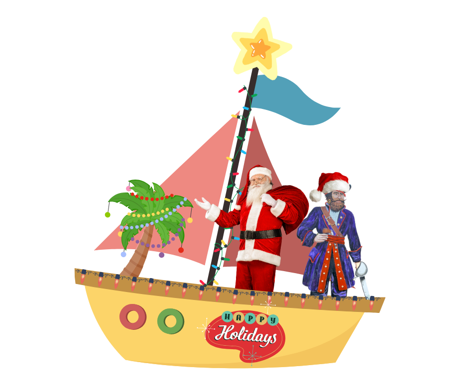 Boat decorated for the holidays with Santa and a pirate