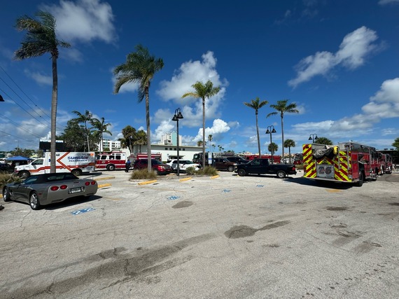 Fire trucks training in front of Treasure Island old city hall building