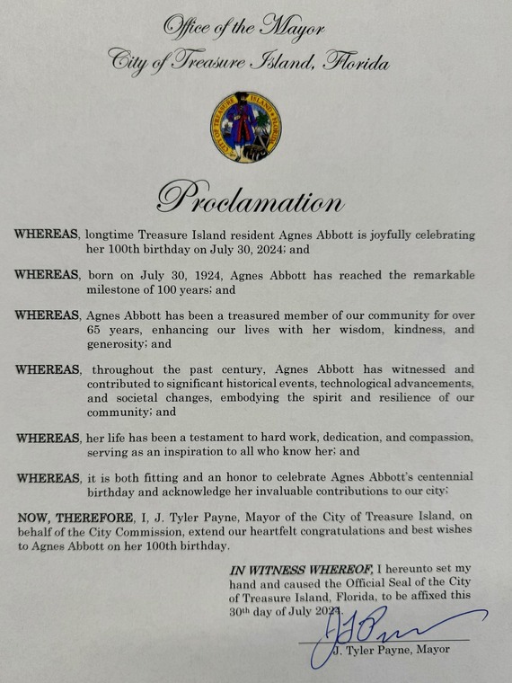 Proclamation celebrating Agnes Abott 100th birthday
