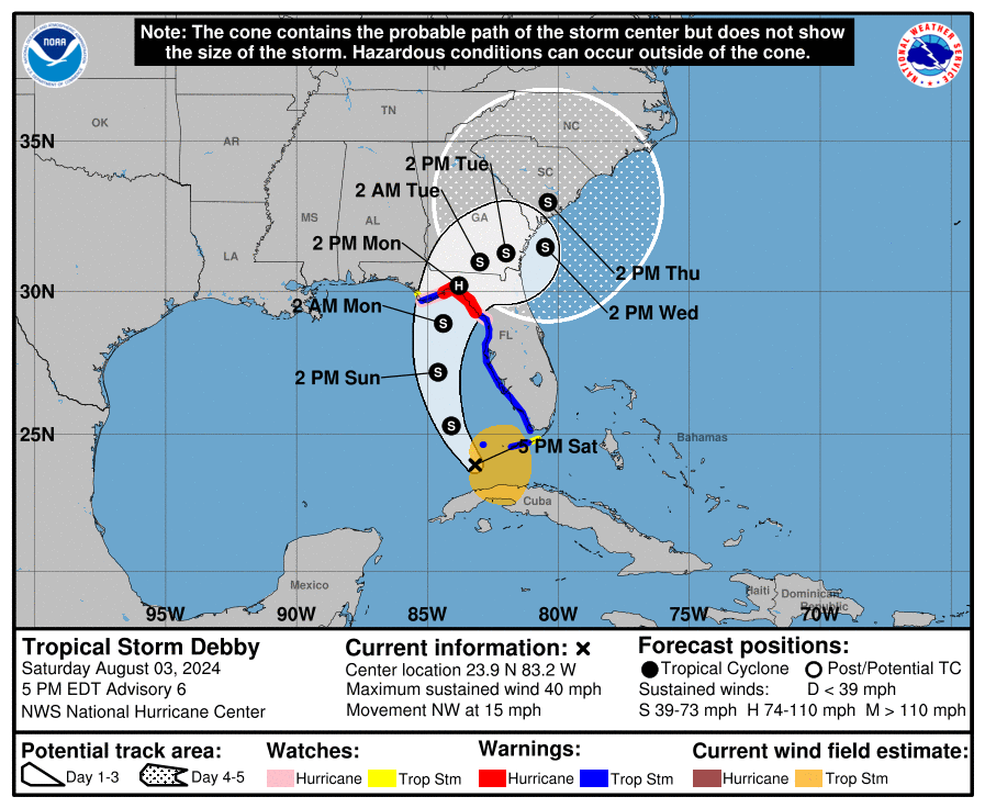 Tropical Storm Debby cone as of Aug 3 at 5 p.m.