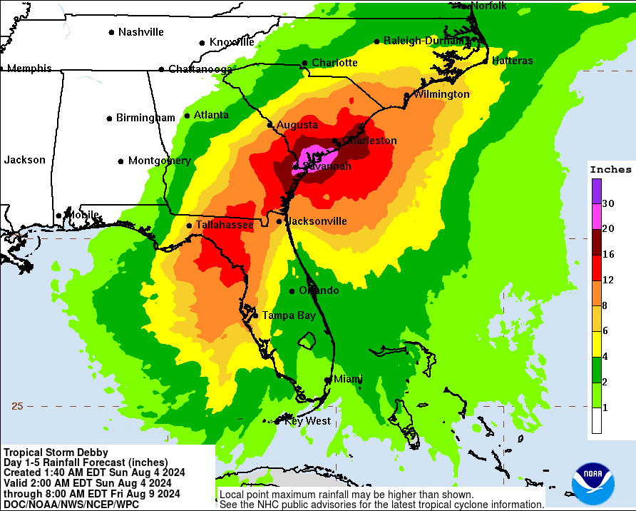 Rainfall potential from Tropical Storm Debby