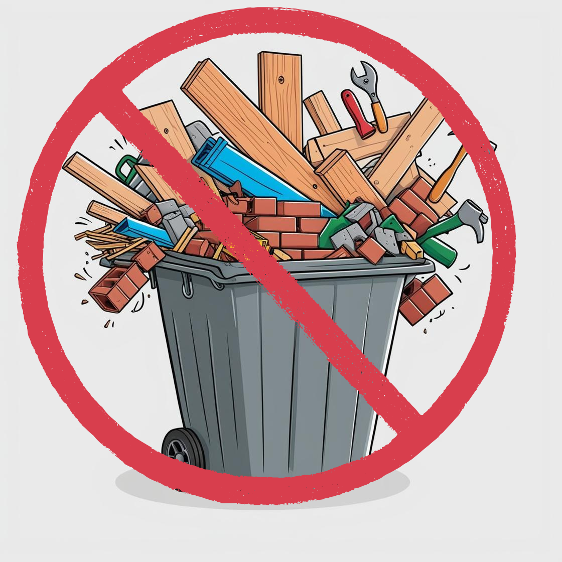 No construction debris in gray trash bins