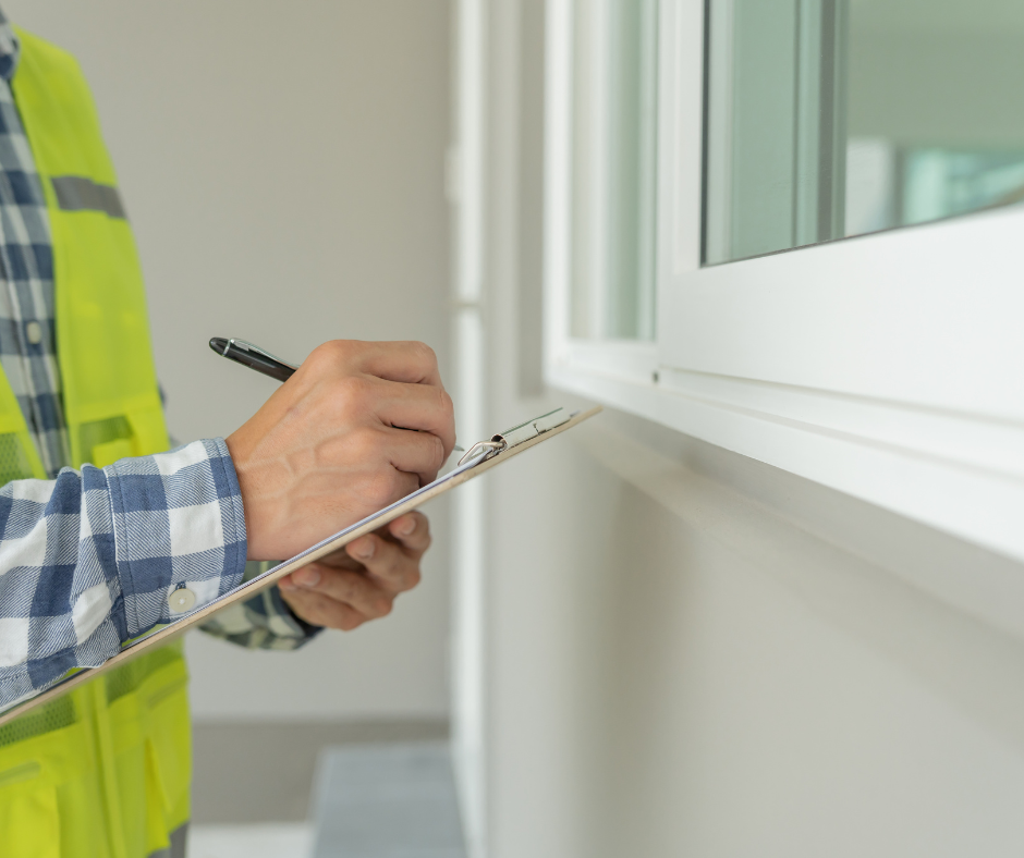 Inspector inspecting a window of a house