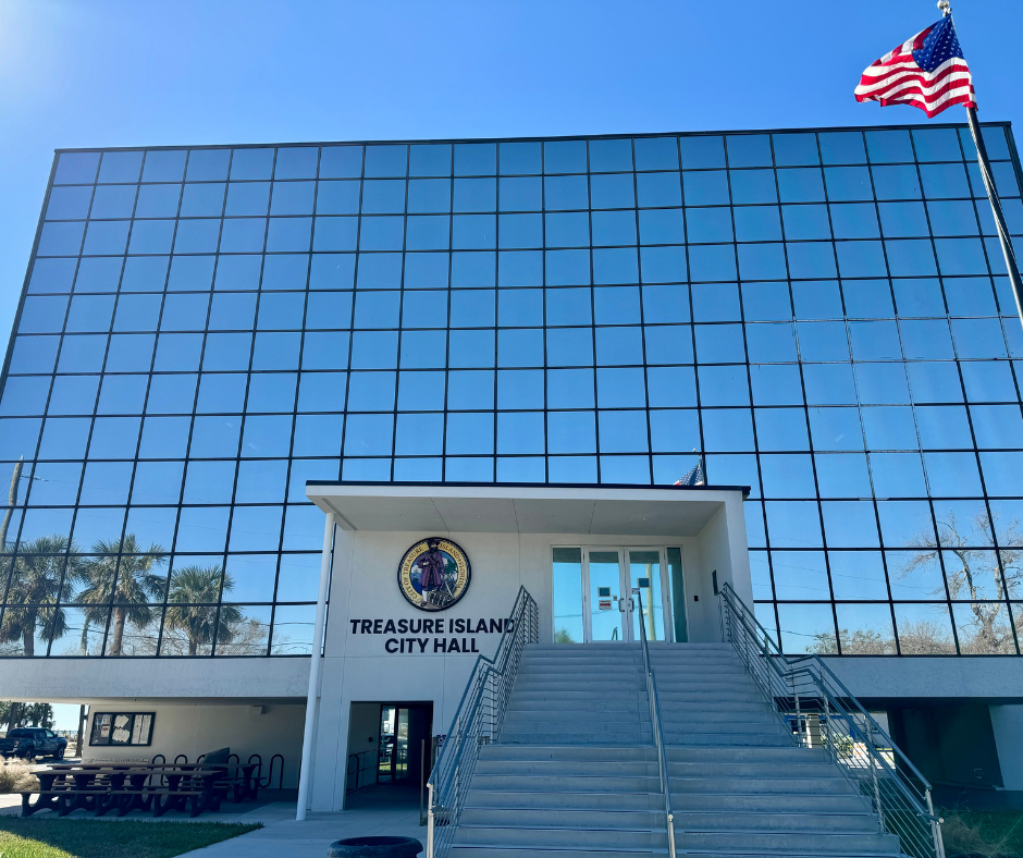 Wideshot of the front of Treasure Island City Hall