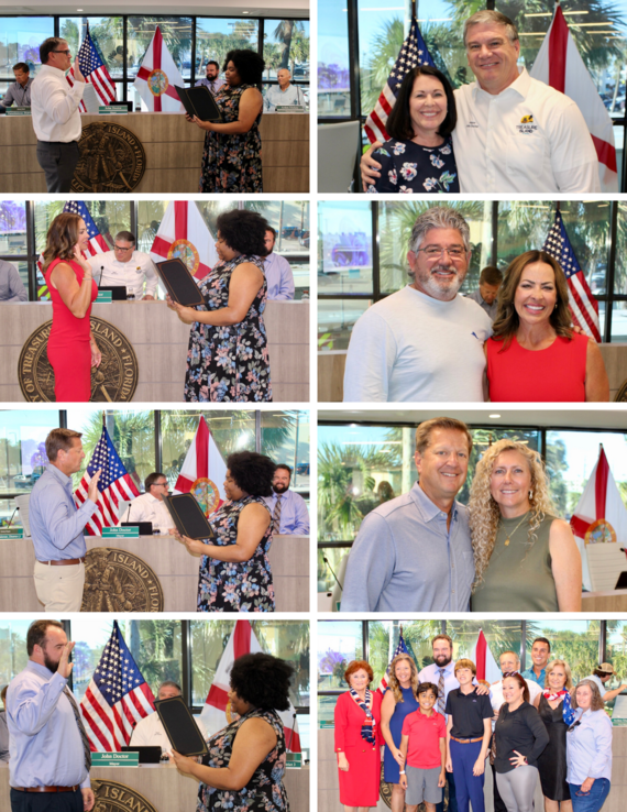 Collage of new commissioners being sworn in at commission meeting
