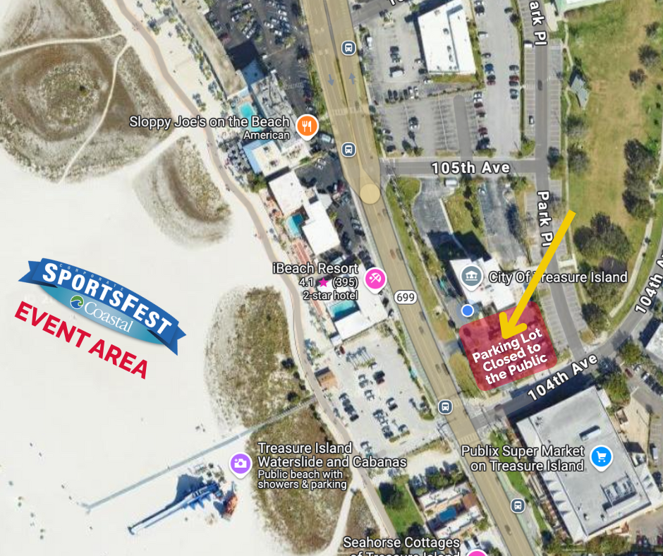 Map of parking lot closed and where Corporate SportsFest will be happening on Treasure Island Beach