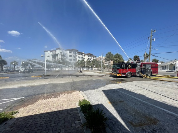 Treasure Island Fire Rescue engine spraying water during a training exercise