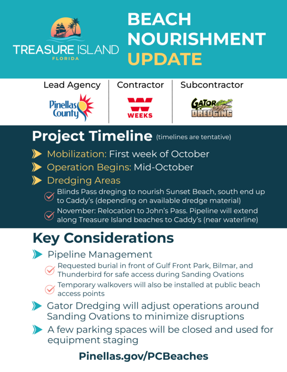 Beach Nourishment flyer with timeline of information for areas in Treasure Island impacted