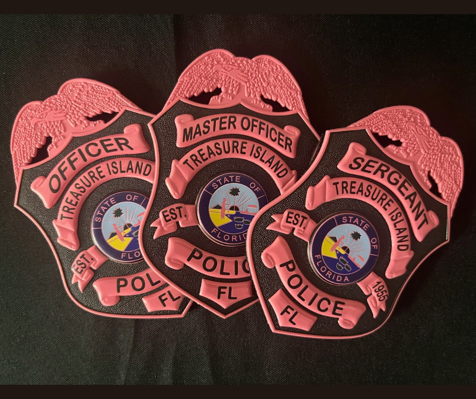 Treasure Island Police Department pink badges for Breast Cancer Awareness Month