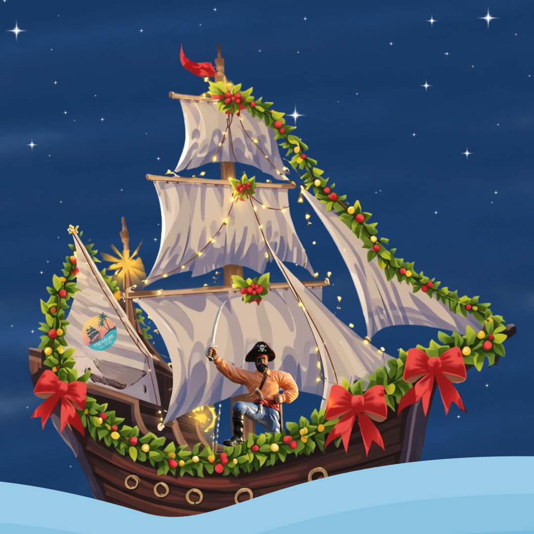 Cartoon pirate ship decorated for Christmas