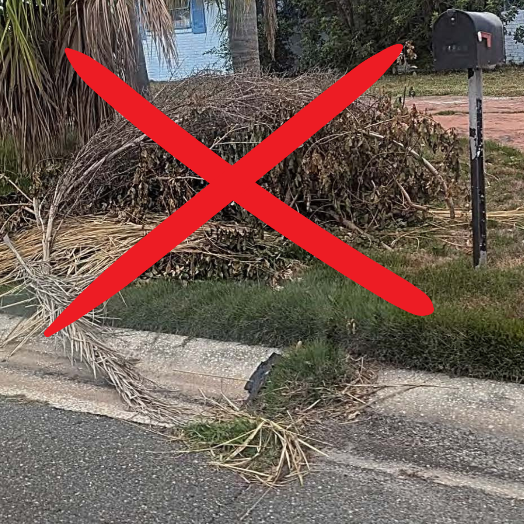 Giant pile of yard waste on the curb and a red X superimposed over it 