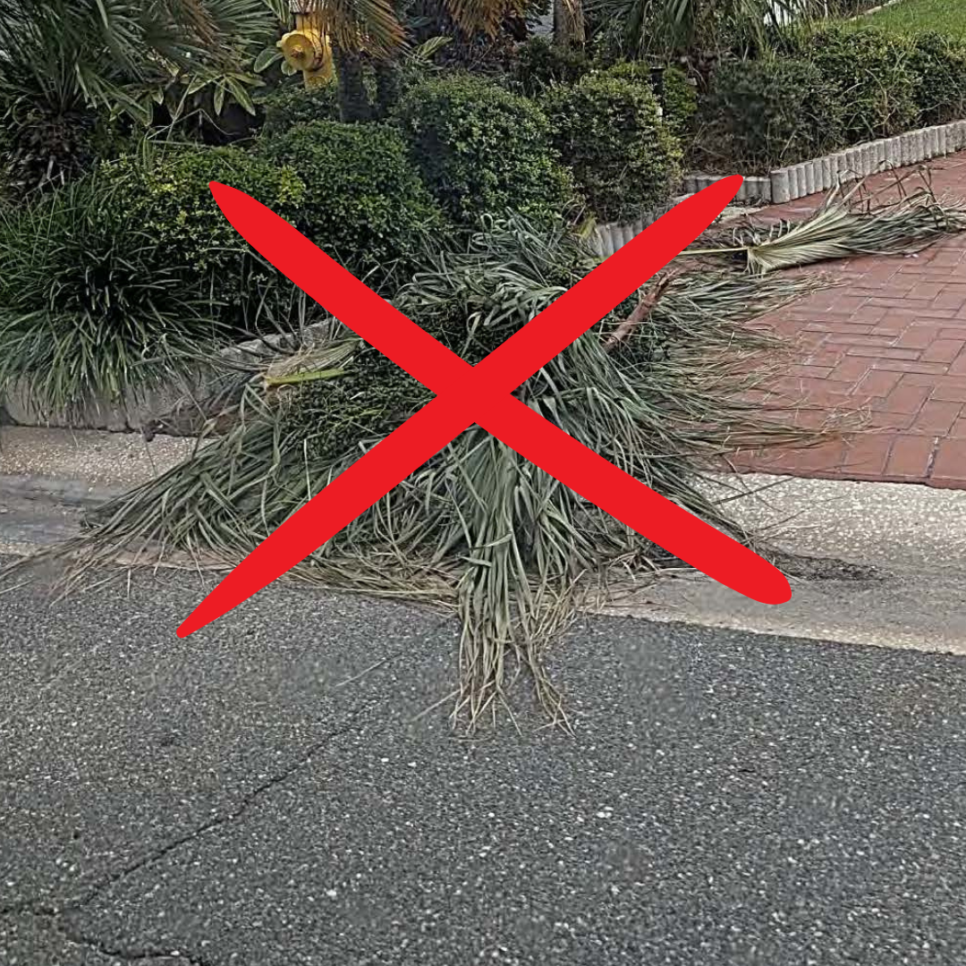 Giant pile of yard waste on the curb and a red X superimposed over it 