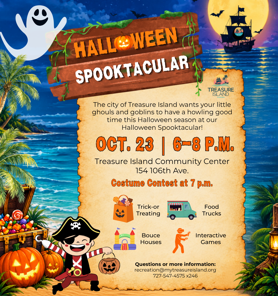 Treasure Island Halloween Spooktacular happening on October 23 at the Treasure Island Community Center from 6 to 8 p.m.