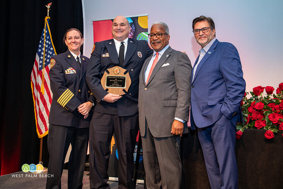group photo Chief Diana Matty, Firefighter of the Year Michael Niemczyk, Mayor Keith A. James and Michael Davis, Chamber of Commerce President 