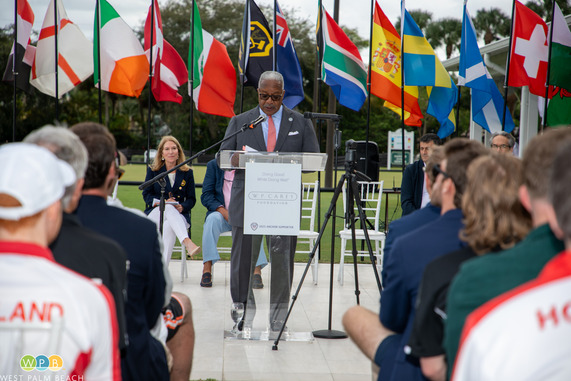 Mayor James gives remarks at a podium
