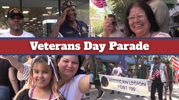 Veterans Day Parade 2025 photos of people in attendance smiling and holding USA flags 