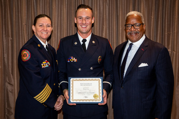 L to R: Fire Chief Diana Matty, Operations Lieutenant Bryan Lee, Mayor Keith A. James 