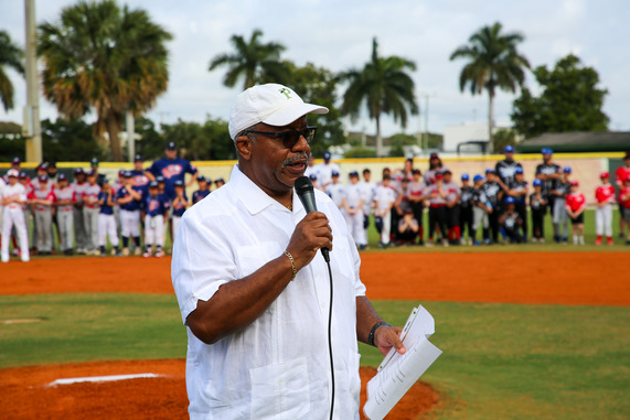 Mayor James Speaks into Mic on baseball field at the Phipps Park Baseball Kick-off 2.28.26