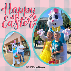 Happy Easter Graphic with photo of the Easter bunny and Mayor and also a photo with kids