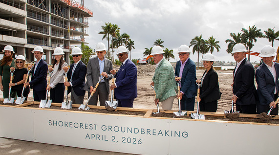 Shorecrest Groundbreaking, several people shovel a little dirt and pose for photo, including Mayor James 