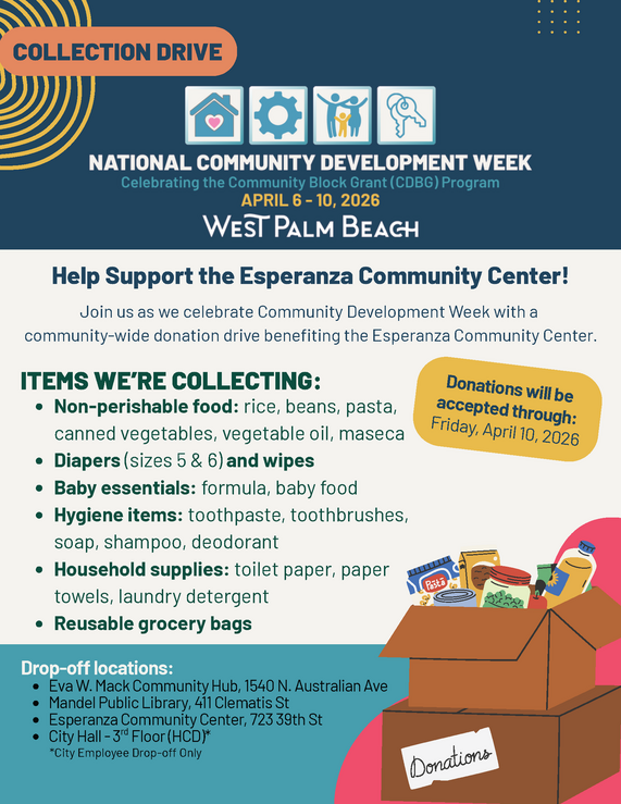 promo for Community Development Week (April 6–10, 2026) and Collection Drive accepted through Friday, April 10.