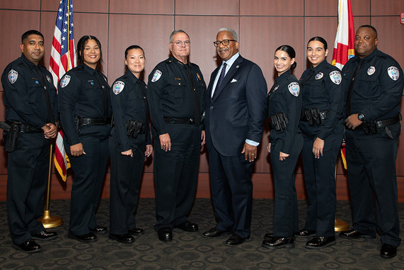 New Officers with Chief Tony Araujo and Mayor Keith A. James 