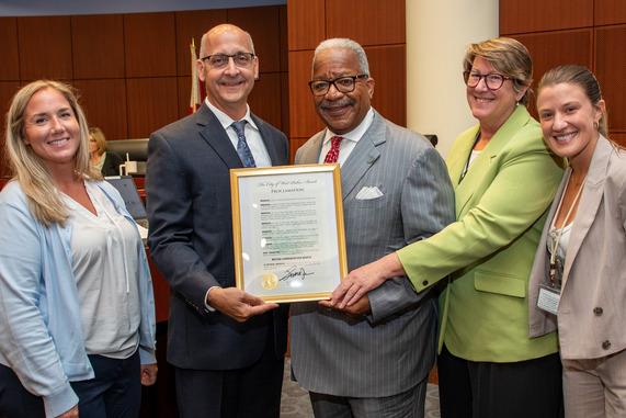 Water Conservation Proclamation, from left, Elaine Christian, Victor Carosi, Mayor, Heidi King, Carolina Richardson