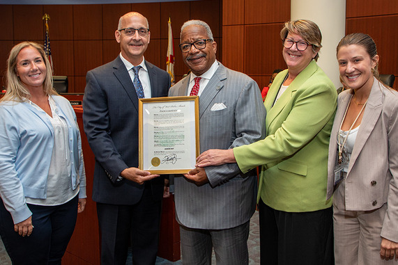 Arbor Day Proclamation, from left, Elaine Christian, Victor Carosi, Mayor, Heidi King, Carolina Richardson - a