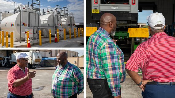 Facilities Tour Behind the Scenes: Safer Workspaces, Smarter Investments. Two people look at work trucks 